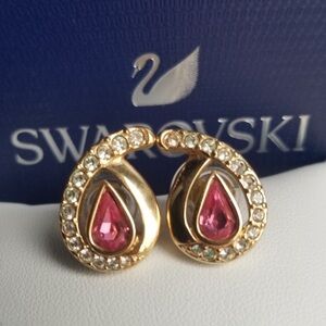 AUTHENTIC Swarovski 24k Gold Plated Pink Teardrop Earrings Vintage RARE